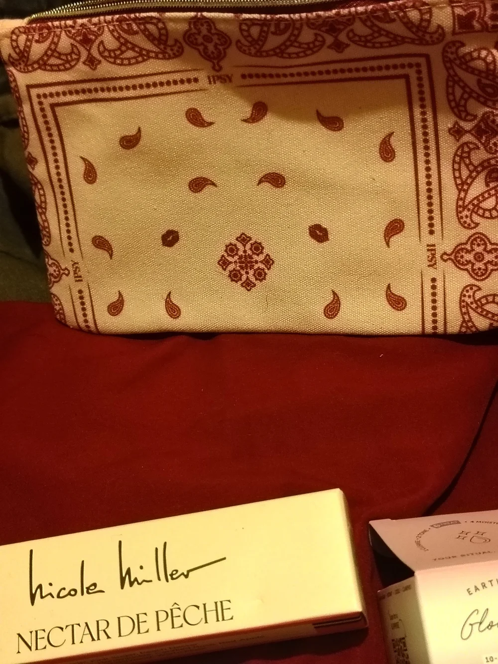 ipsy Beige and Burgundy Paisley Cosmetic Bag